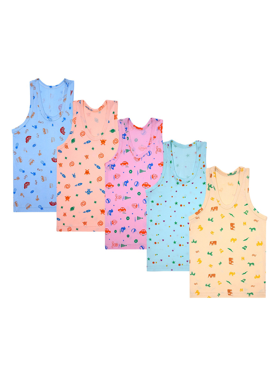 Superminis Infants Kids Pack Of 5 Printed Cotton Sleeveless Innerwear Vests