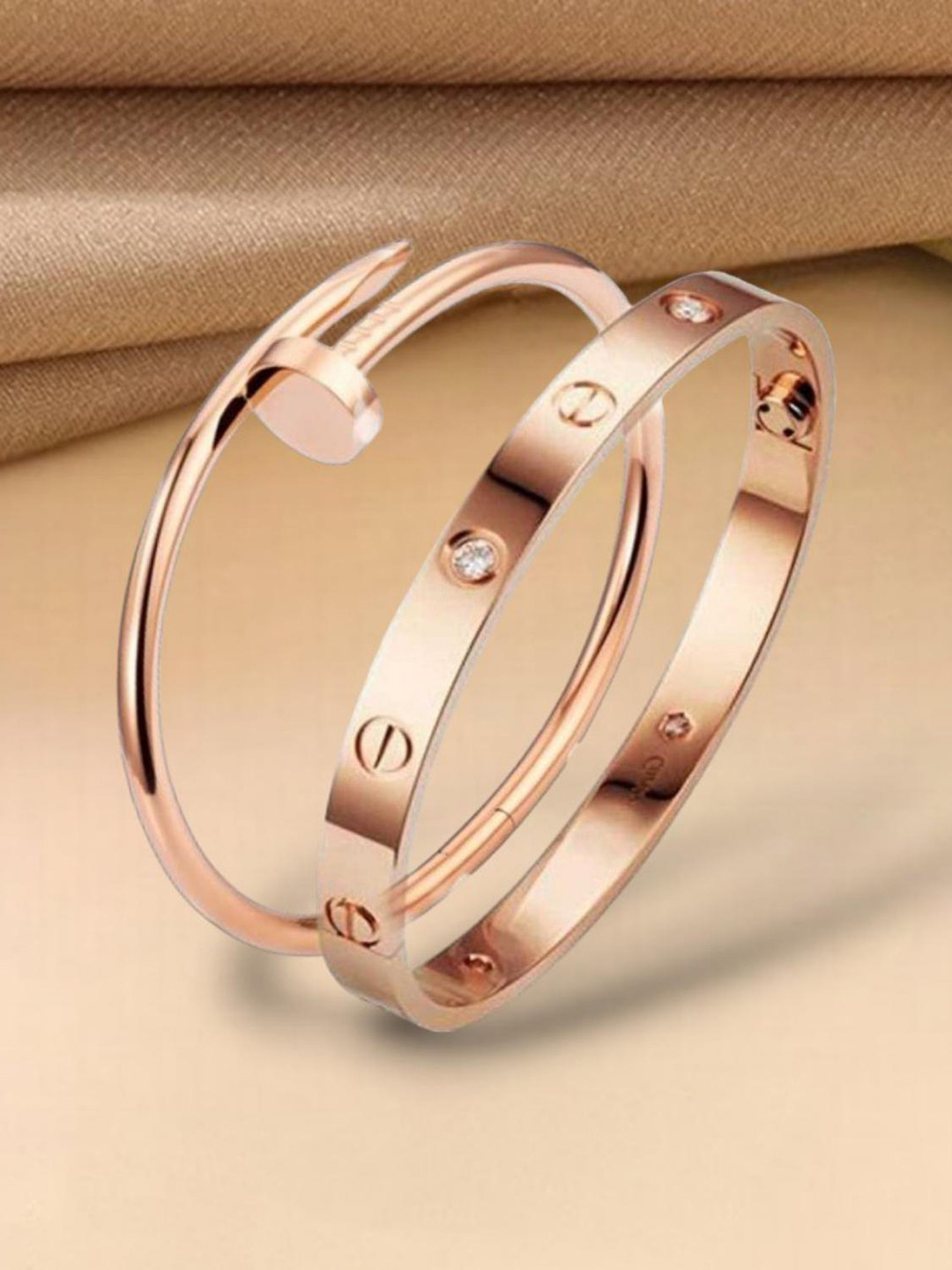 MYKI Women Set Of 2 Rose Gold-Plated CZ Kada Bracelets