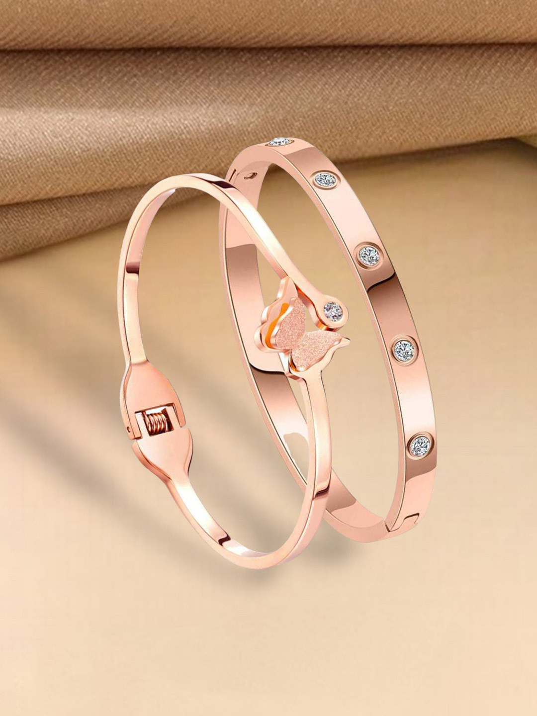 MYKI Women Set of 2 Rose Gold Plated Cubic Zirconia Bangle-Style Bracelets
