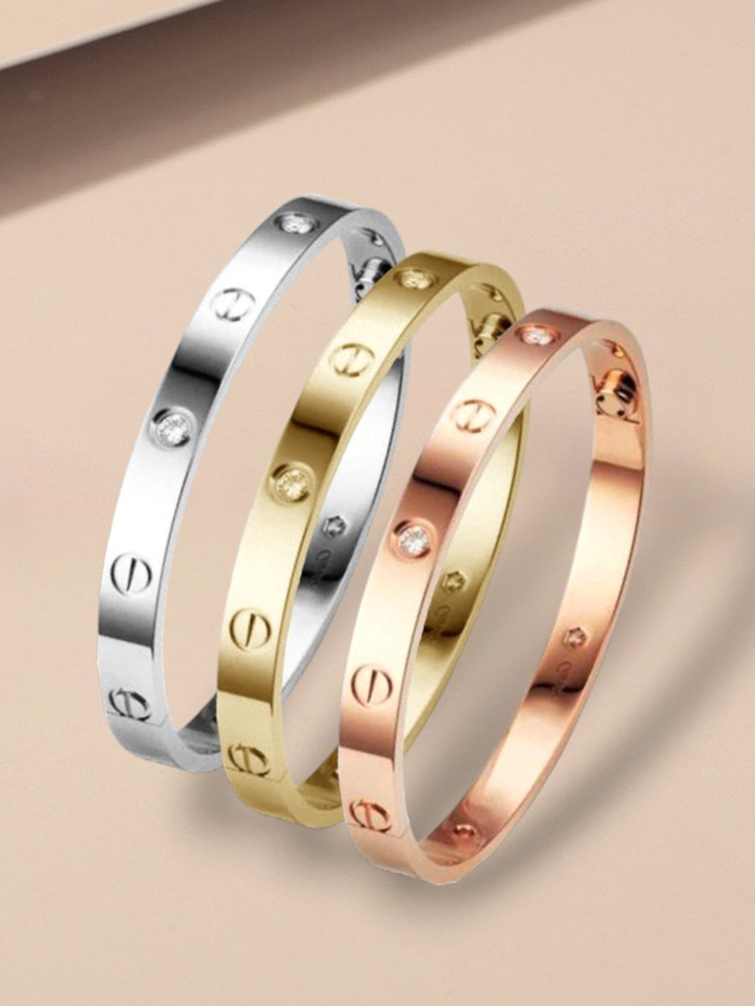 MYKI Women Pack Of 3 Cubic Zirconia Rose Gold-Plated Bangle-Style Bracelet