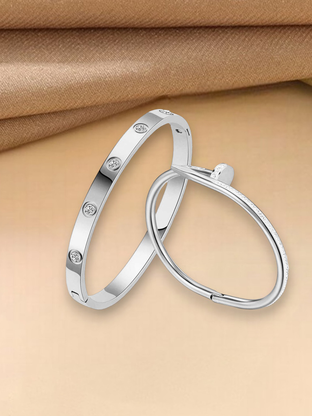 MYKI Set Of 2 Silver-Plated Stone Studded Kada Bracelets