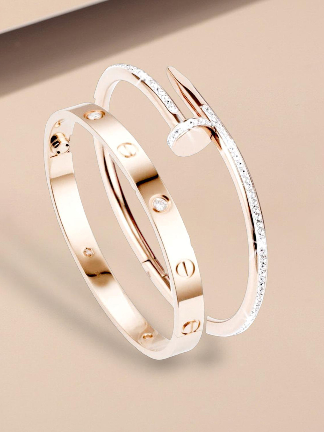 MYKI Women Set Of 2 Rose Gold-Plated CZ Kada Bracelets