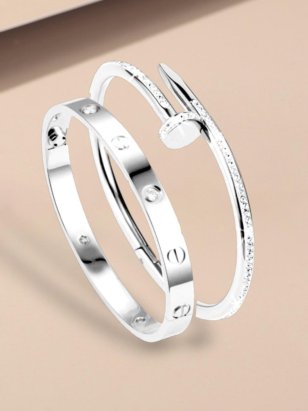 MYKI Set Of 2 Silver-Plated Stone Studded Kada Bracelets