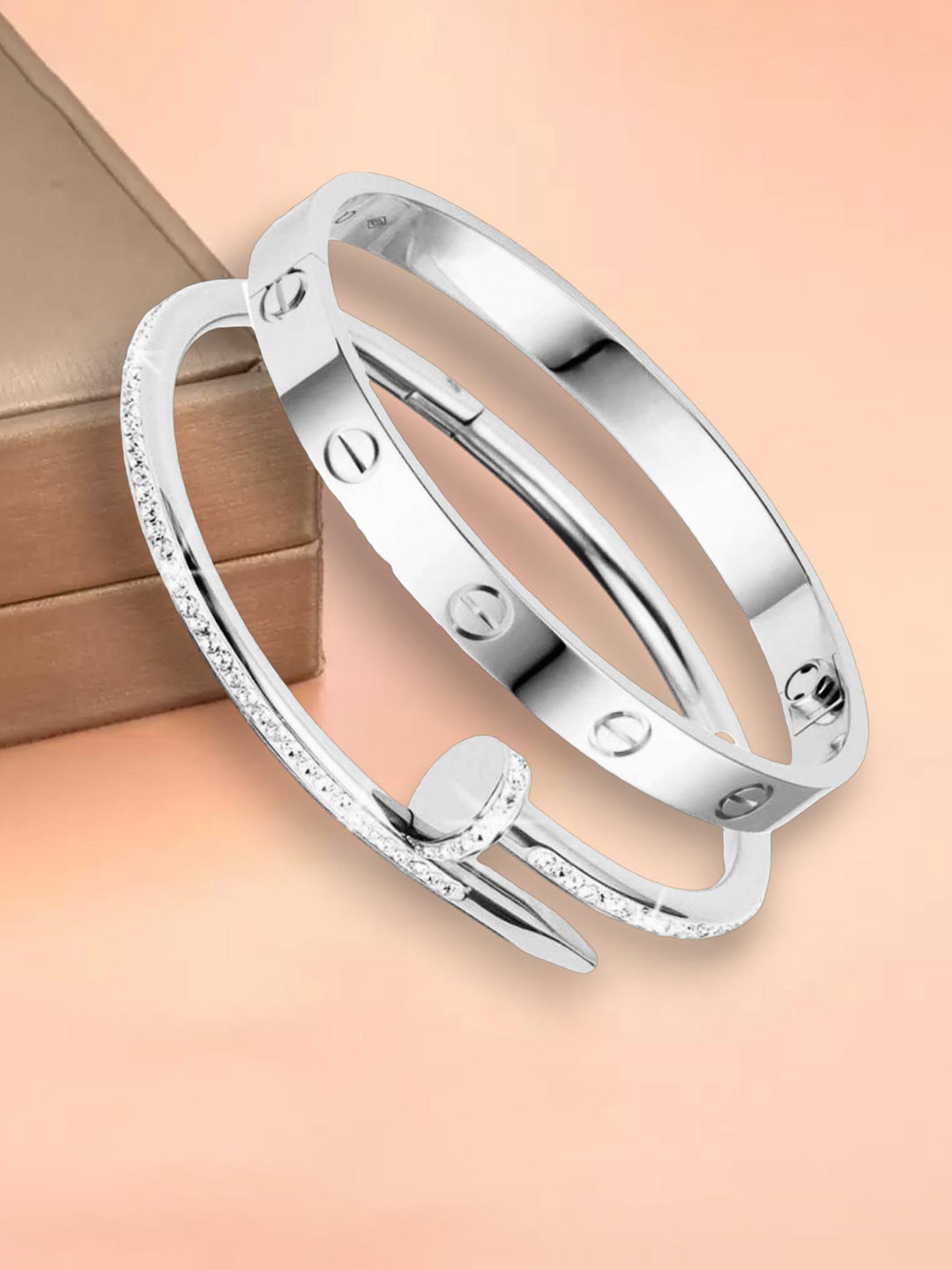 MYKI Set Of 2 Silver-Plated Stone Studded Kada Bracelets