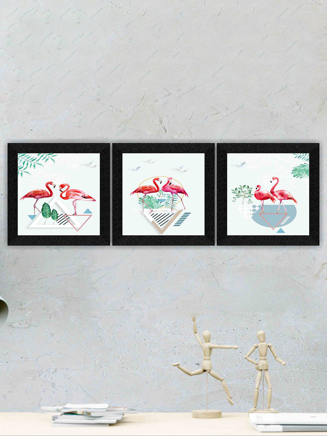 SAF White & Green 3 Pieces Flamingo-Painted Framed Wall Art