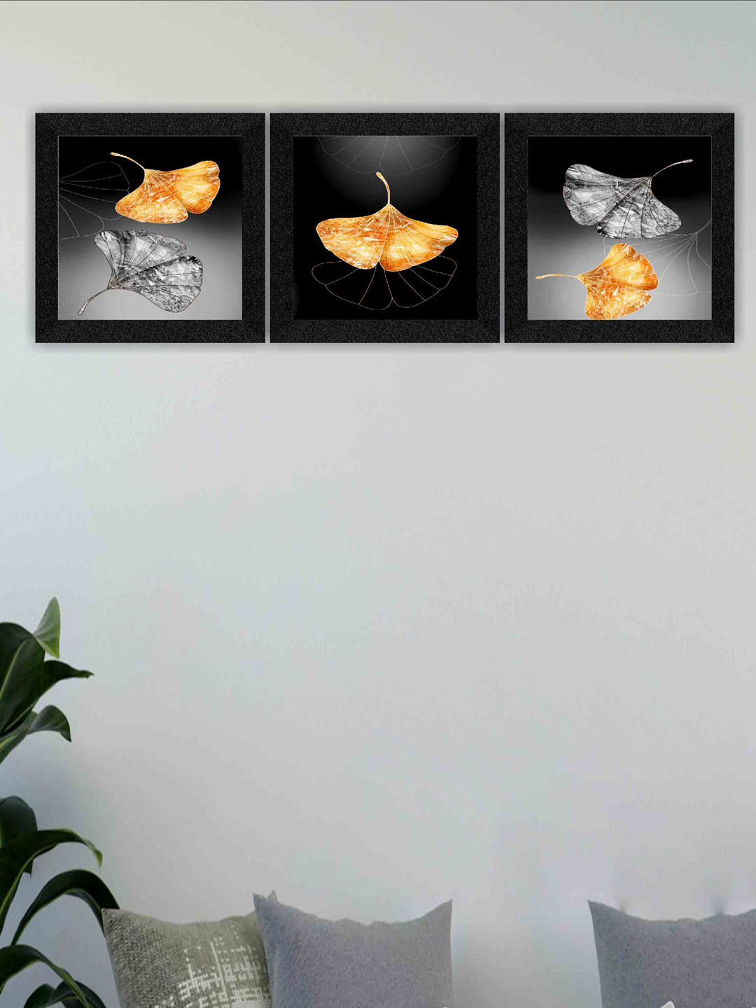 SAF Black & Grey 3 Pieces Leaves Art Printed Framed UV Coating Square Wall Paintings