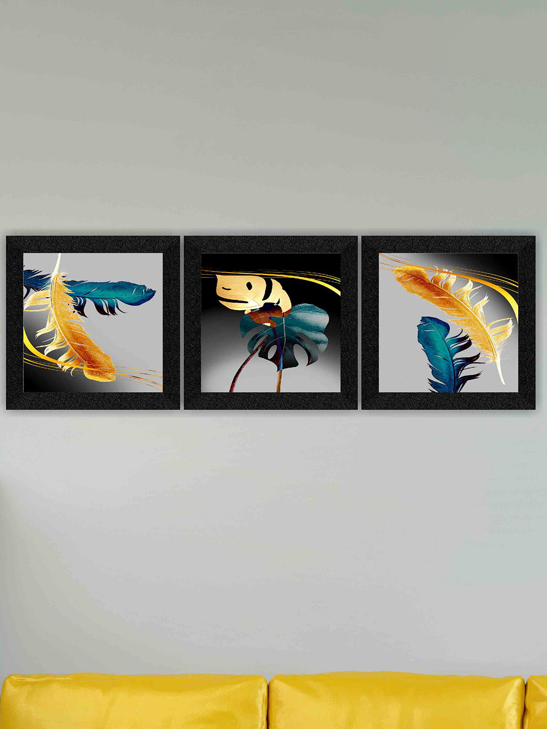SAF Black & Yellow 3 Pieces Feather Painting Framed Wall Art
