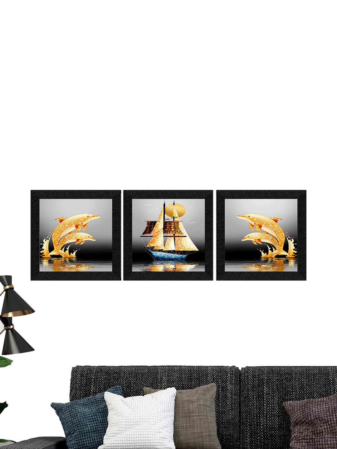 SAF Black & Yellow 3 Pieces Ship Painting Wall Art