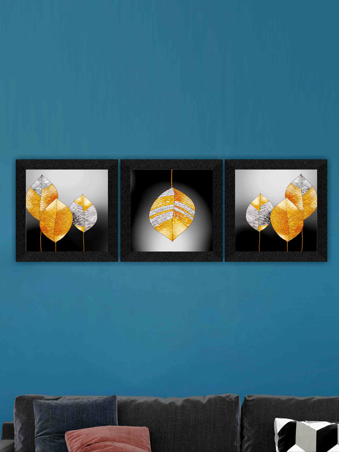 SAF Black & Grey 3 Pieces Golden Leaves-Painted Framed Wall Art
