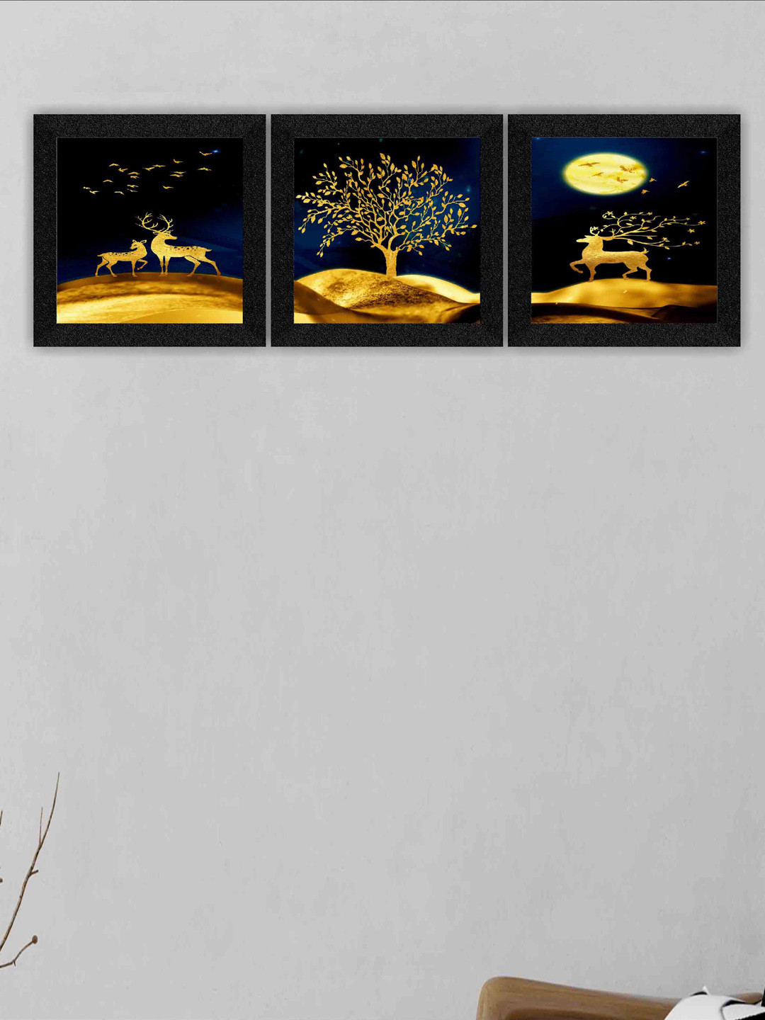 SAF Black & Beige 3 Pieces Nature Painting Wall Art