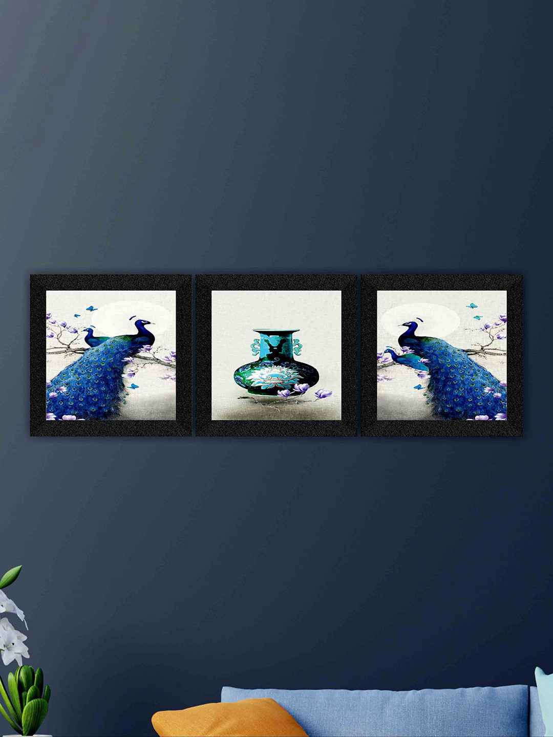 SAF White & Blue 3 Pieces Peacock Painting Framed Wall Art
