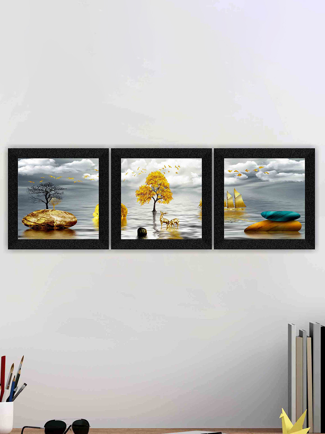 SAF Grey & Beige 3 Pieces Nature Art Printed Framed UV Coating Square Wall Art
