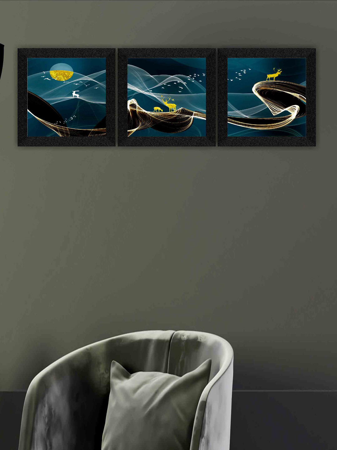 SAF Blue & Black 3 Pieces Abstract Butterfly-Painted Framed Wall Art