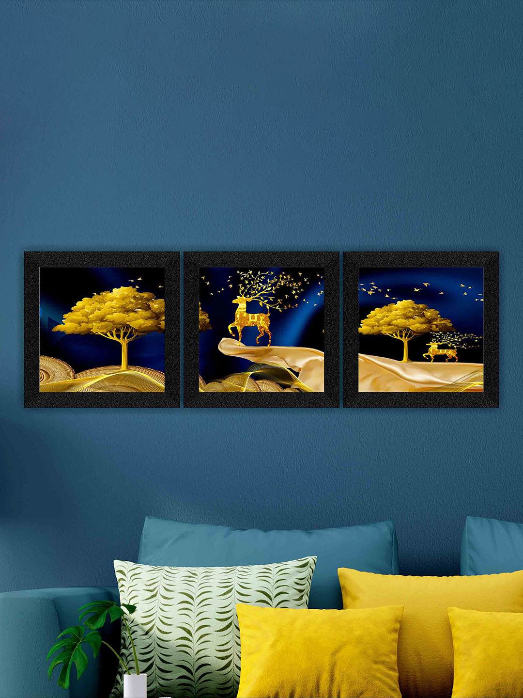 SAF Blue & Yellow 3 Pieces Painted UV Coating Wall Art