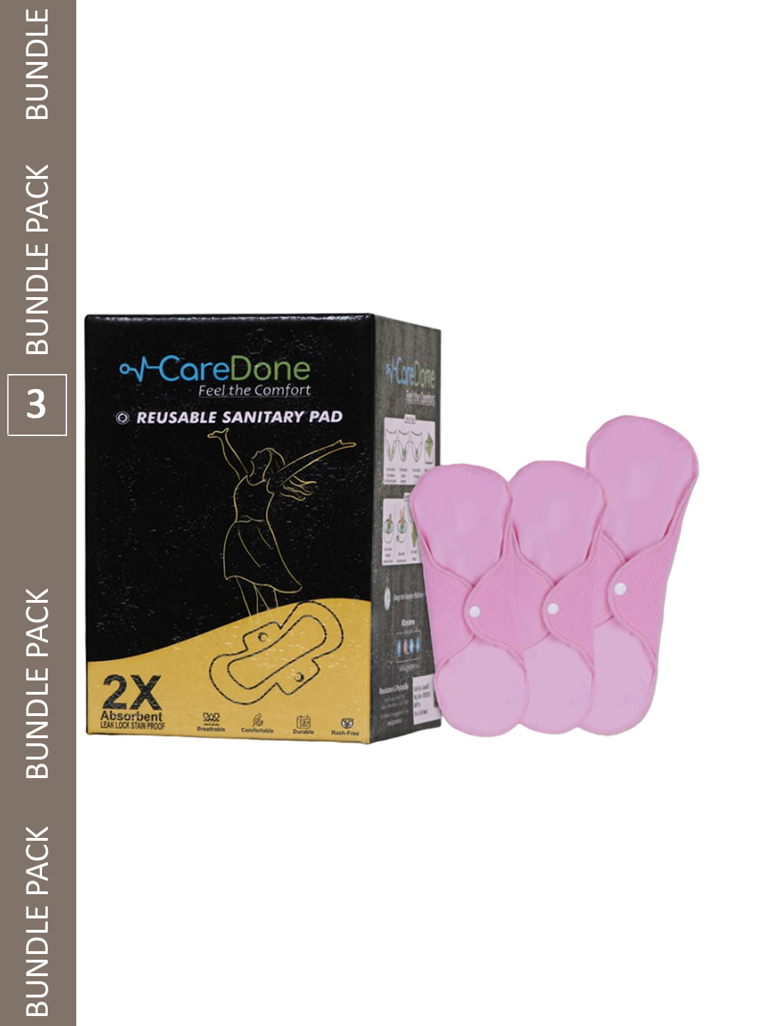CareDone Set Of 3 Reusable & Washable Maxi Sanitary Pads - Pink