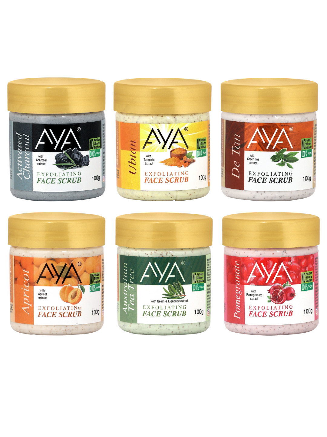 AYA Set of Charcoal-Ubtan-Detan-Apricot-Tea Tree-Pomegranate Face Scrubs -100 ml Each