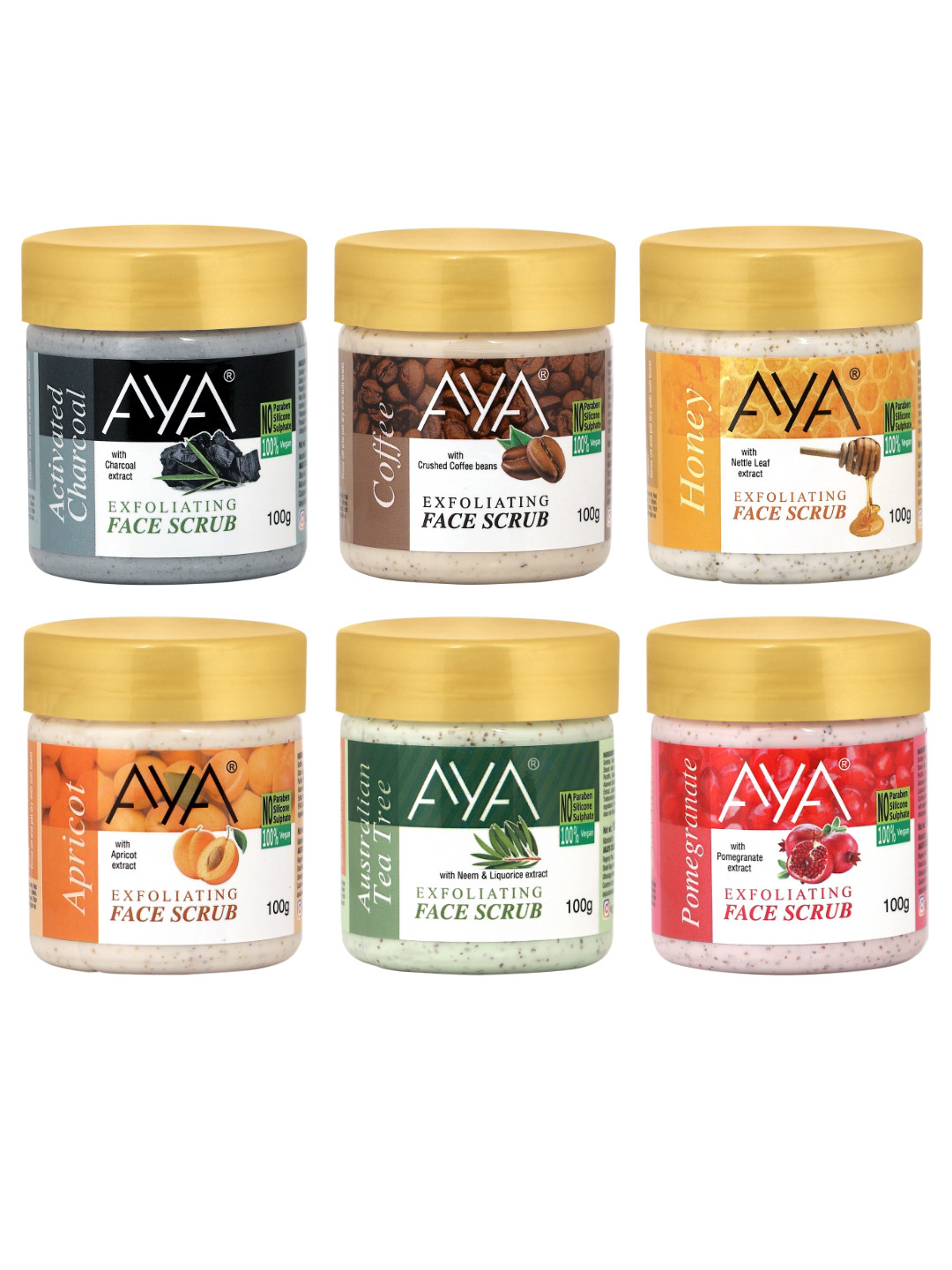 AYA Set of Charcoal-Coffee-Honey-Apricot-Tea Tree-Pomegranate Face Scrubs -100 ml Each