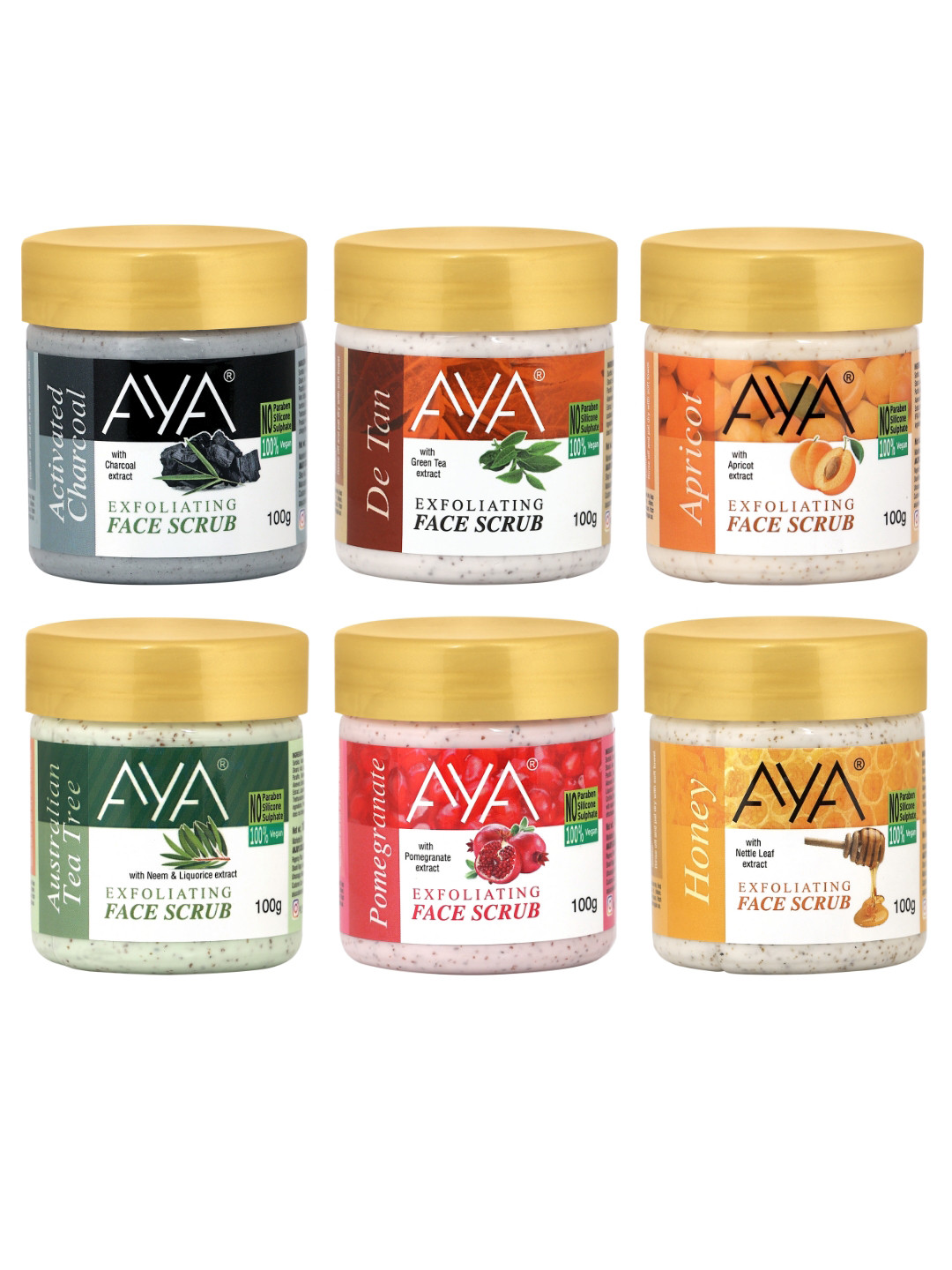 AYA Set of Charcoal-Detan-Apricot-Tea Tree-Pomegranate-Honey Face Scrubs -100 ml Each