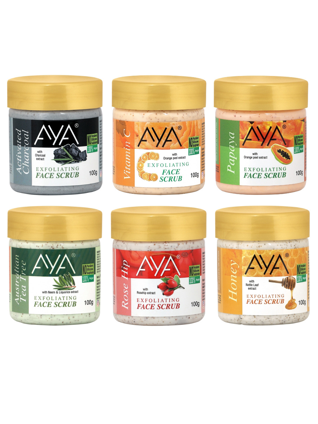 AYA Set of Charcoal-Vitamin C-Papaya-Tea Tree-Rosehip-Honey Face Scrubs -100 ml Each
