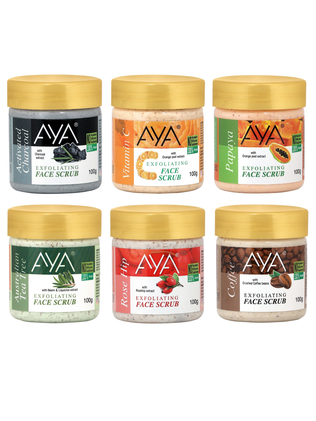 AYA Set of Charcoal-Vitamin C-Papaya-Tea Tree-Rosehip-Coffee Face Scrubs -100 ml Each