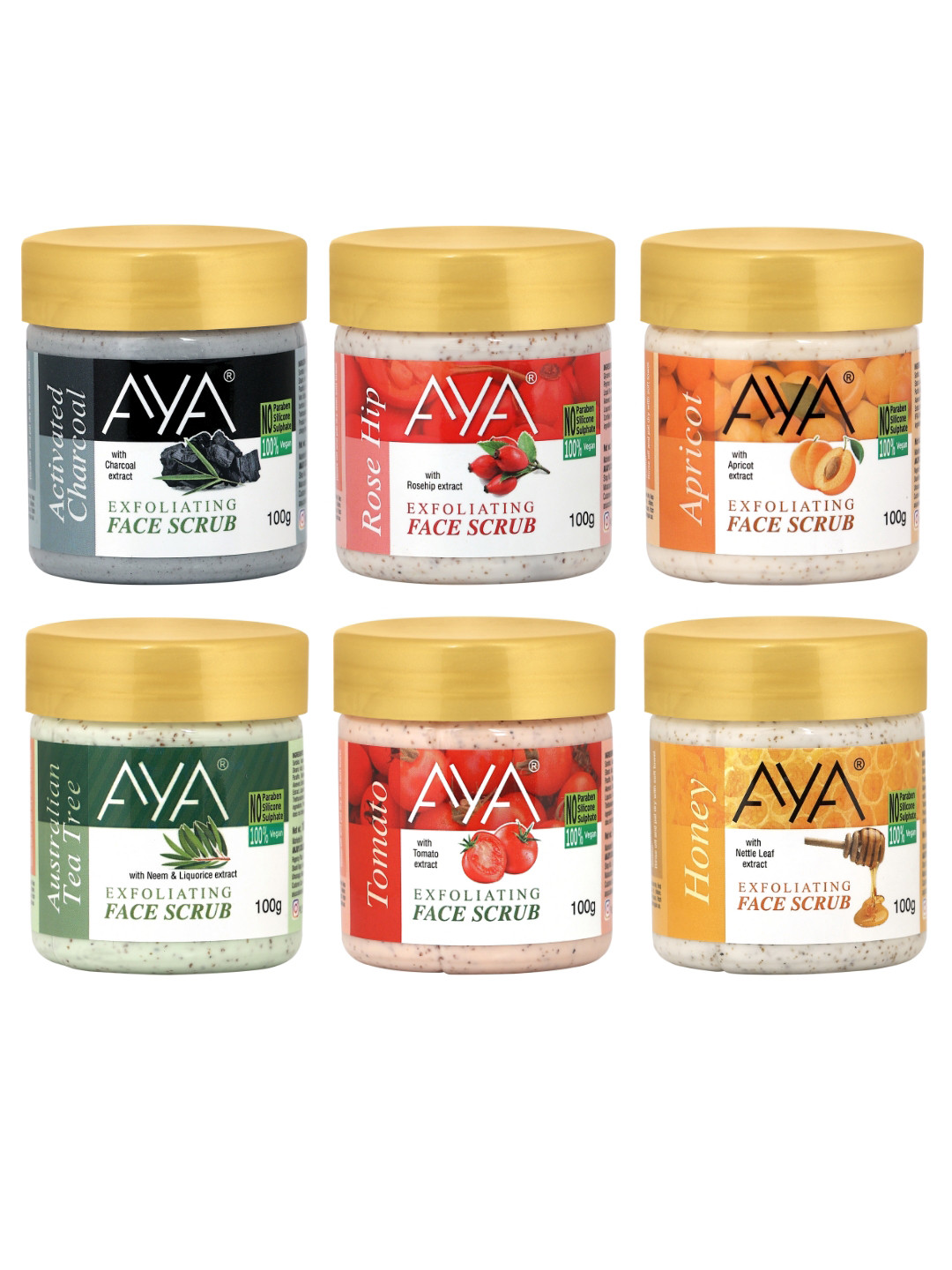 AYA Set of Charcoal-Rosehip-Apricot-Tea Tree-Tomato-Honey Face Scrub - 100 ml Each
