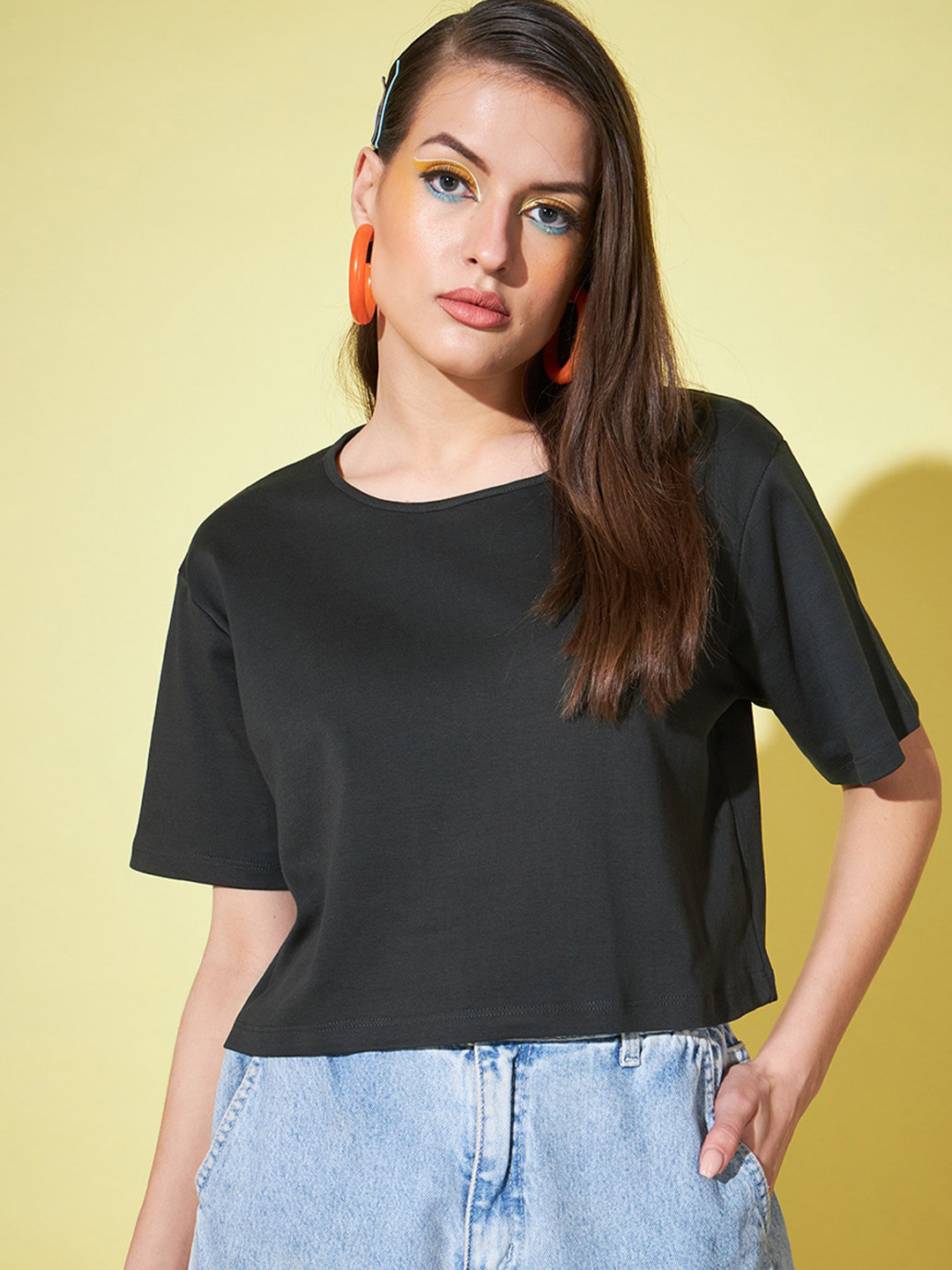 GUTI Round Neck Boxy-Fit Cotton Knitted Crop T-Shirt