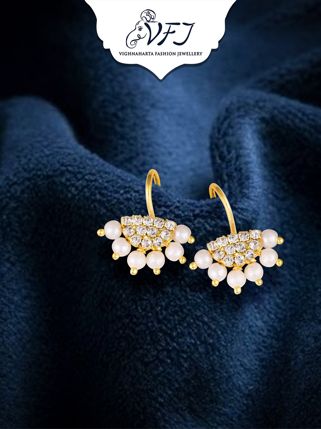 Vighnaharta Gold-Plated Stone-Studded & Pearls Bugadi Earrings