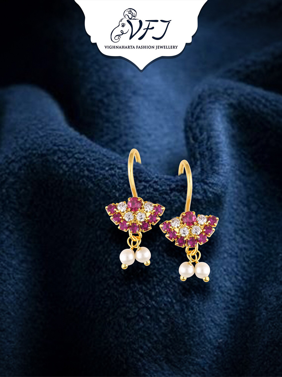 Vighnaharta Gold-Plated Stone-Studded & Pearls Bugadi Earrings