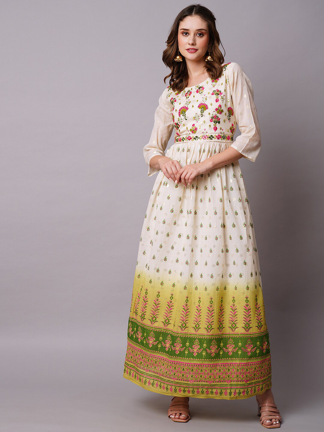 FASHOR White Ethnic Motifs Printed Embroidered A-Line Maxi Dress