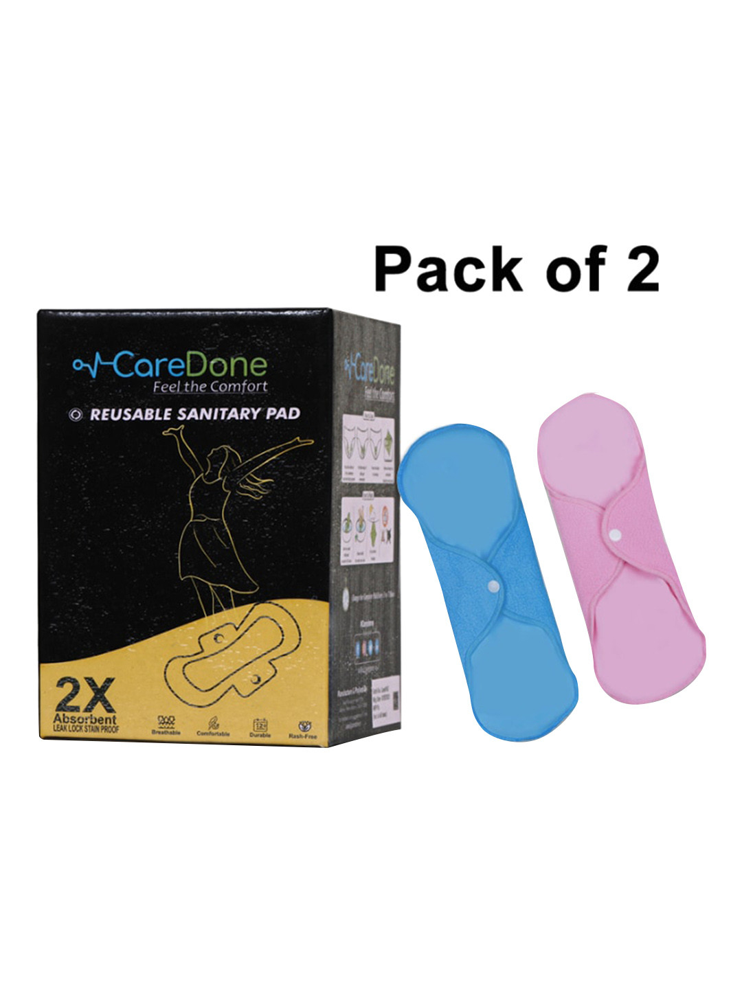 CareDone Set of 2 Reusable Washable Maxi Sanitary Pads - Blue & Pink