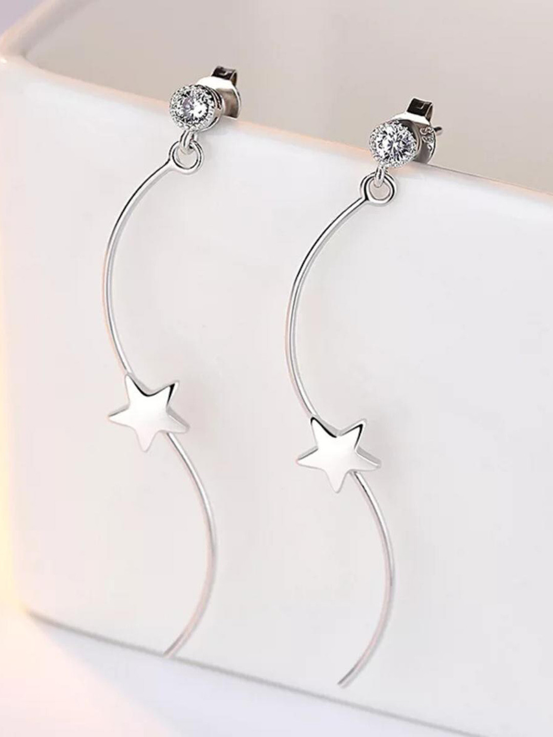 MYKI Silver-Plated Cubic Zirconia Star Shaped Drop Earrings