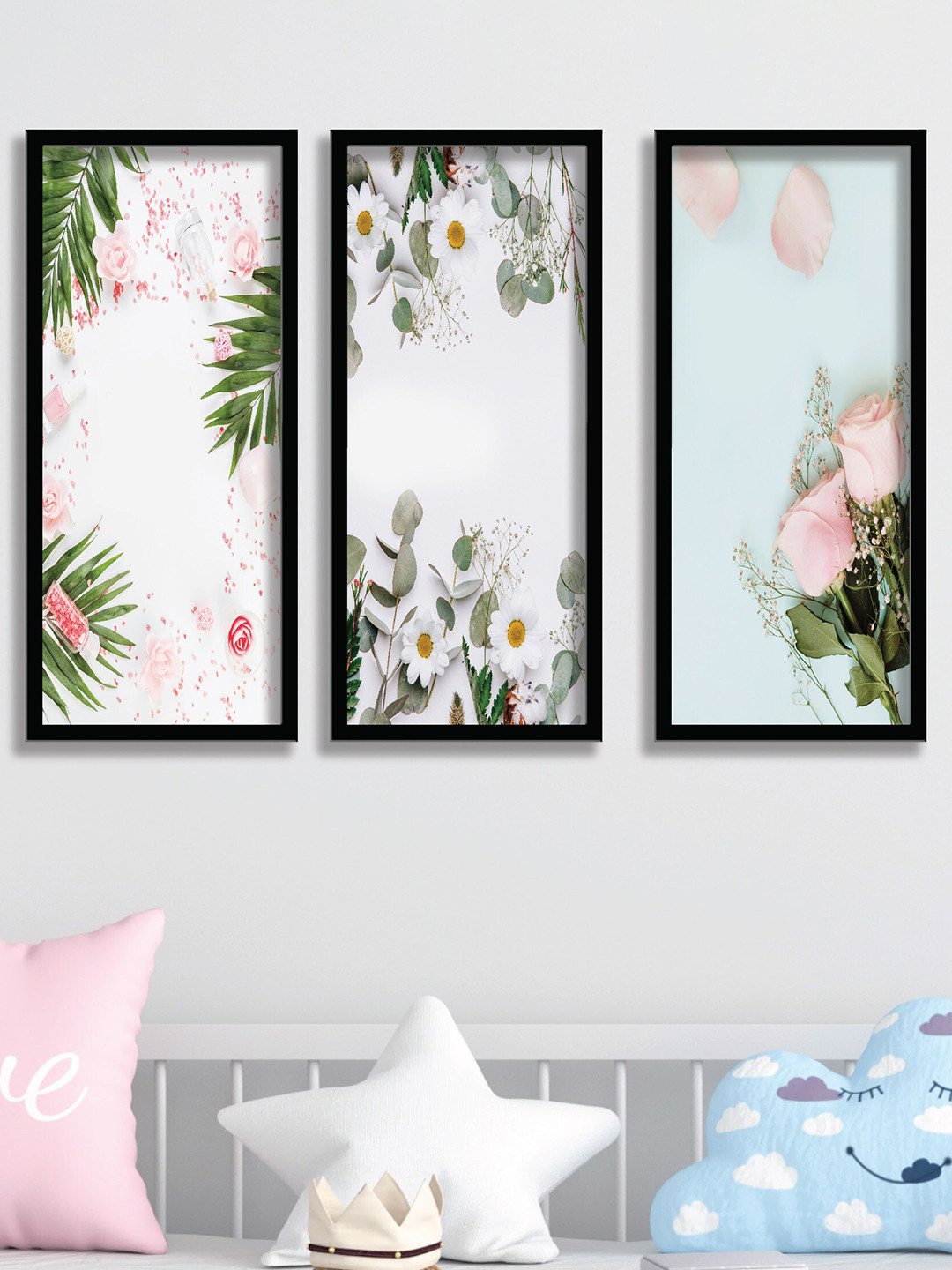 SAF Black & White 3 Pieces Floral Painting Wall Arts