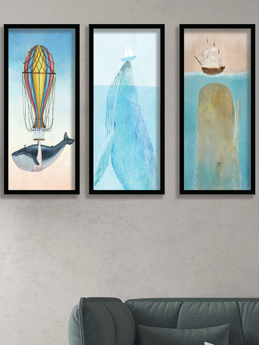 SAF Blue & Grey 3-Pieces Sea And Dolphin Printed Framed Wall Art