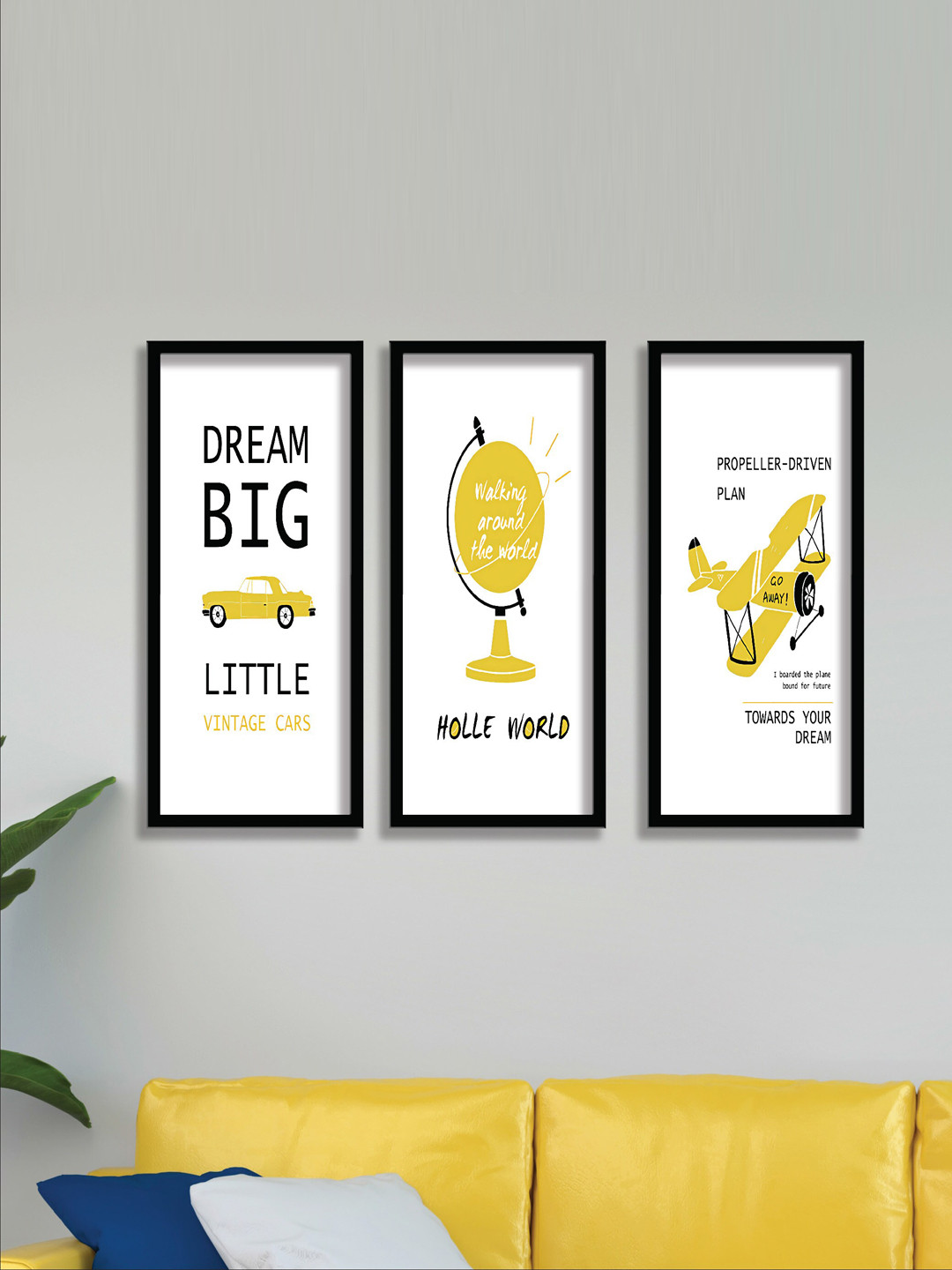 SAF White & Yelow 3 Pieces Painting Wall Arts