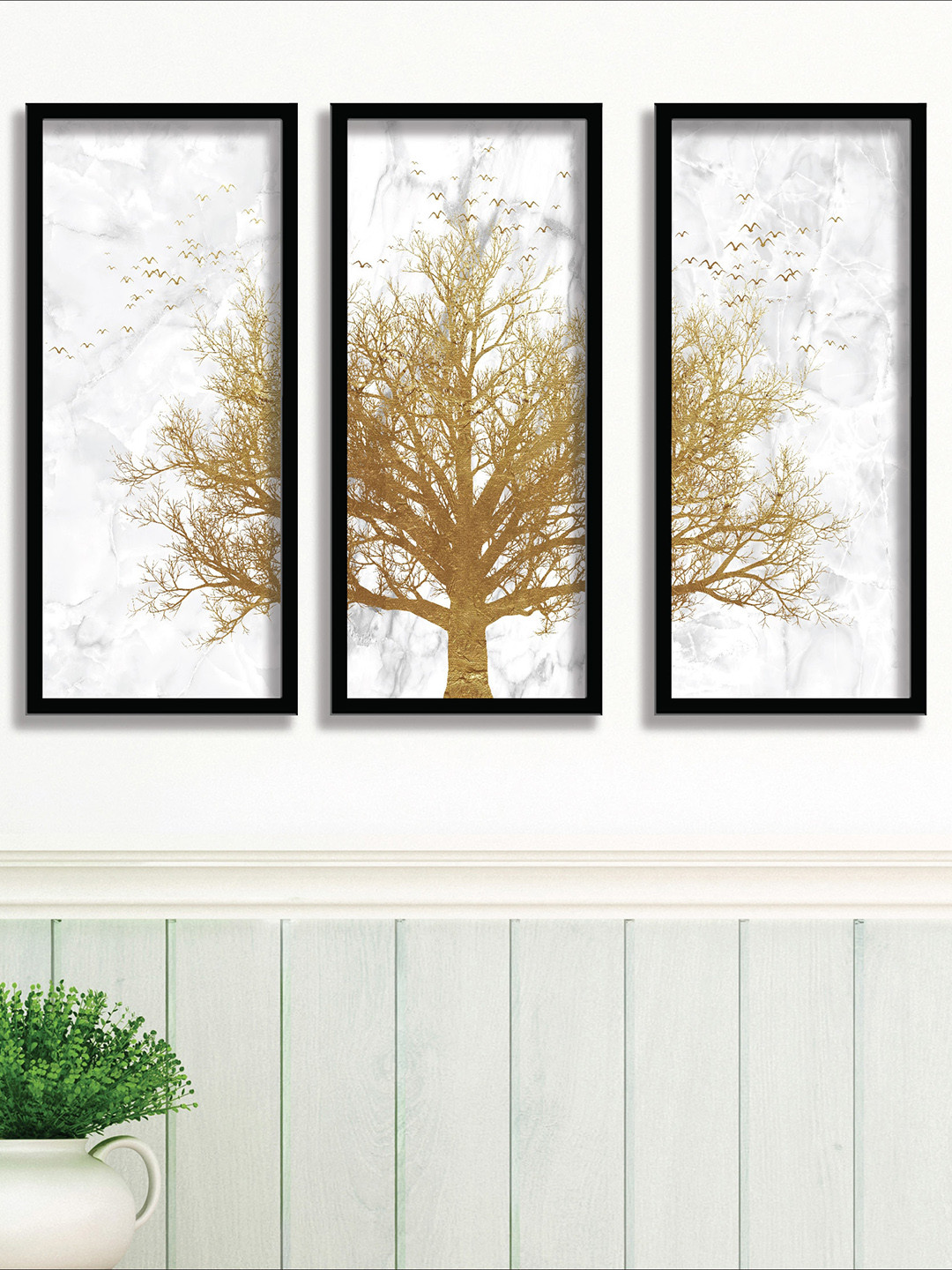 SAF Golden Tree Canvas 3 Piece Wall Rectangle Paintings Wall Art -7.5 x 16.5 In