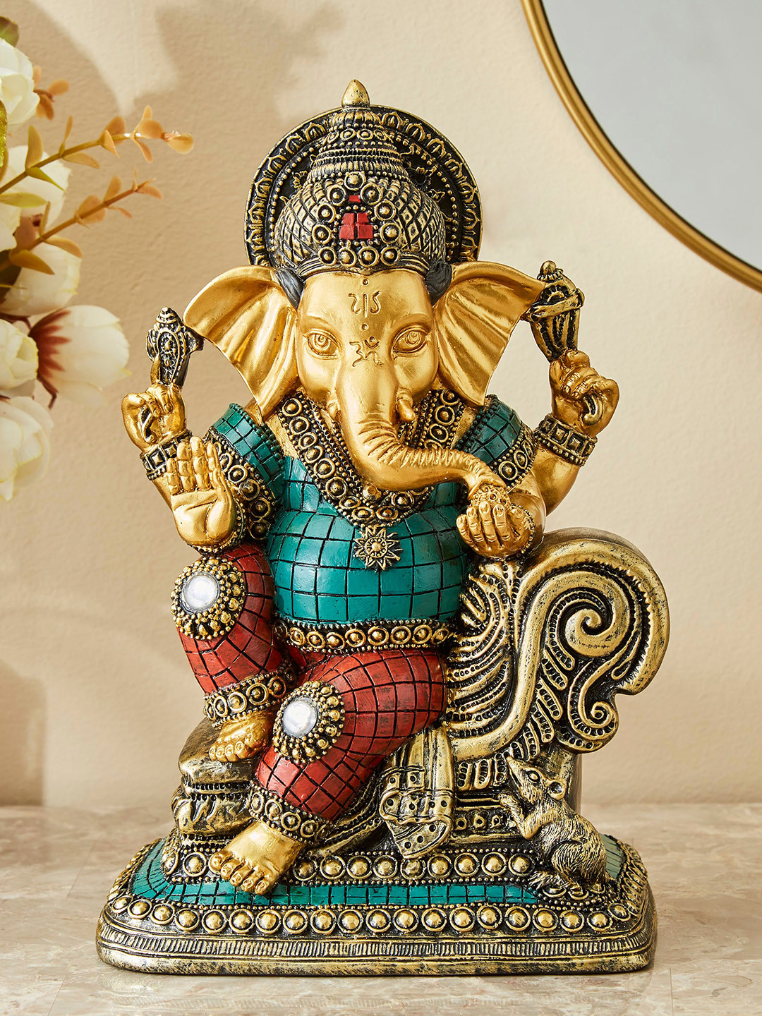 Home Centre Gold-Toned & Green Ganesha Sitting On Chair Showpiece