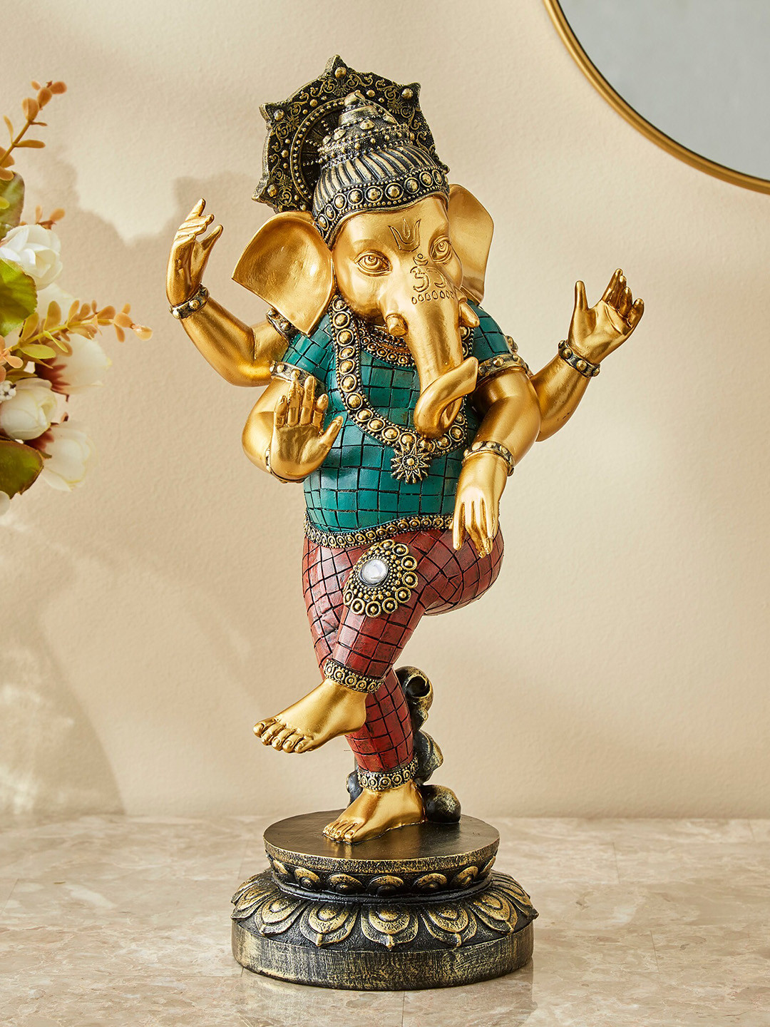 Home Centre Dancing Ganesha Gold Polyresin Glossy Prayer Room Small Showpiece - 12.6 Inches