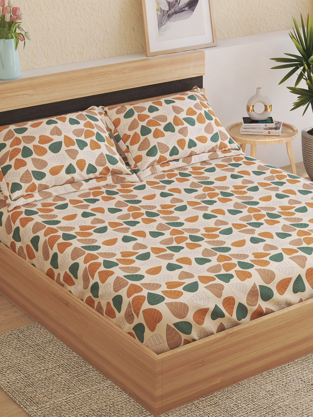 Home Centre Corsica Brown Leaf Polyester 144 TC Queen Bedsheet with 2 Pillow Covers-86 x 93 inches