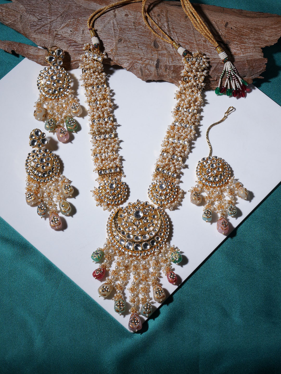 Ruby Raang Gold-Plated Kundan-Studded Jewellery Set With Maang Tikka