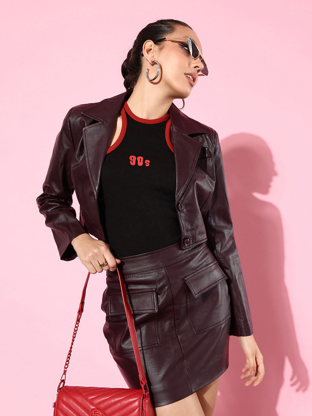 The Roadster Life Co. Women Leather Coated Jacket & Skirt
