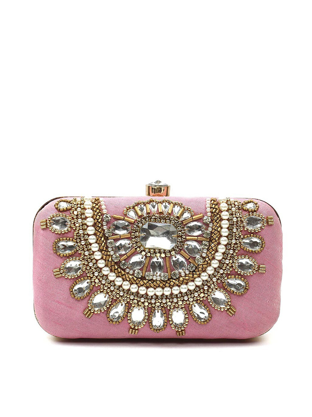 FRINGES Embroidered Stone Work Box Clutch With Shoulder Strap