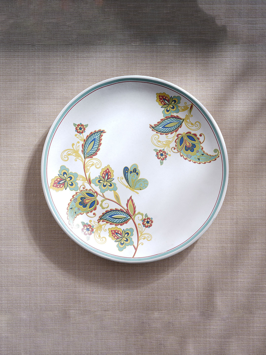Home Centre White & Green 1 Piece Ethnic Motifs Printed Stoneware Matte Plate