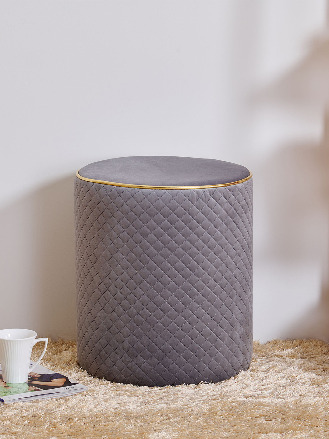 Home Centre Grey & Gold Round Ottoman