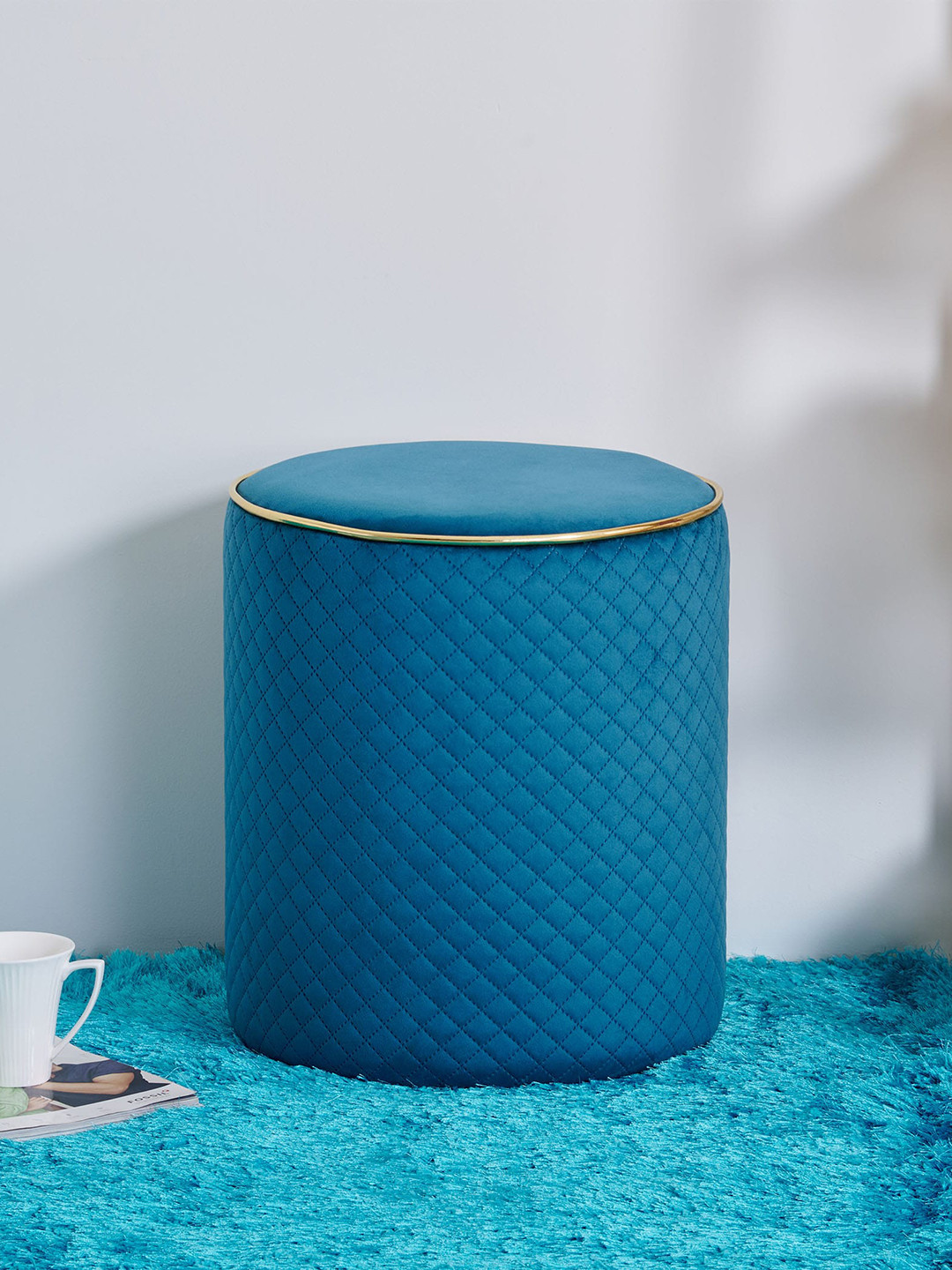 Home Centre Teal Blue Murphy Self-Design Round Ottoman