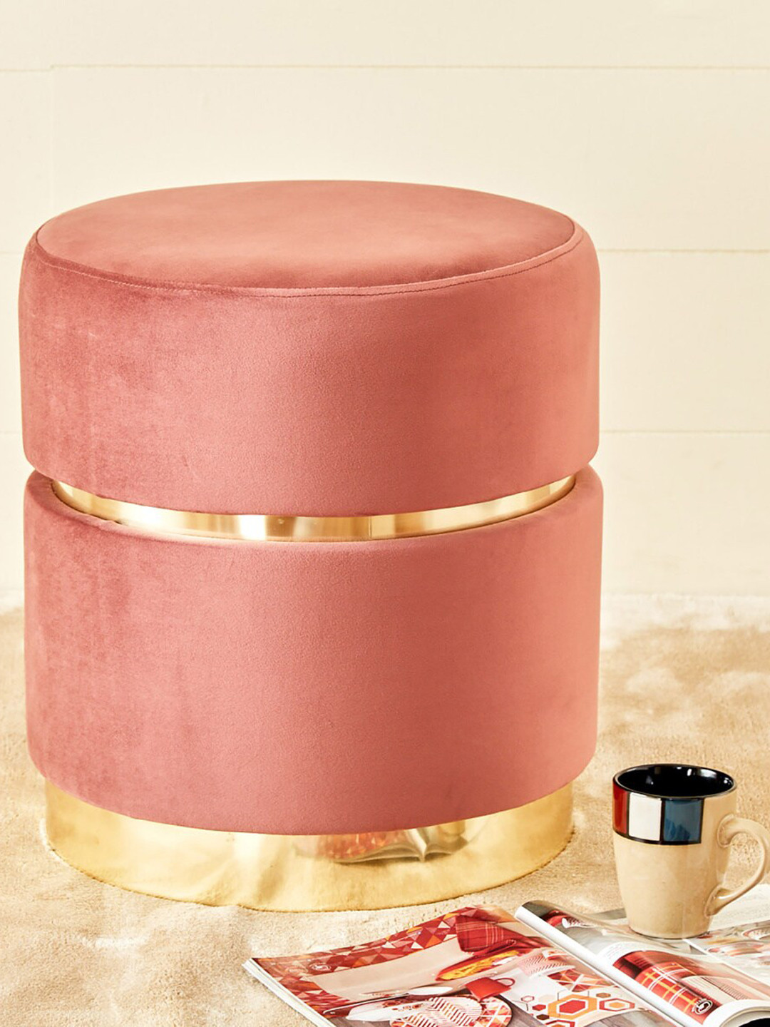 Home Centre Pink Round Ottoman with Golden Accents