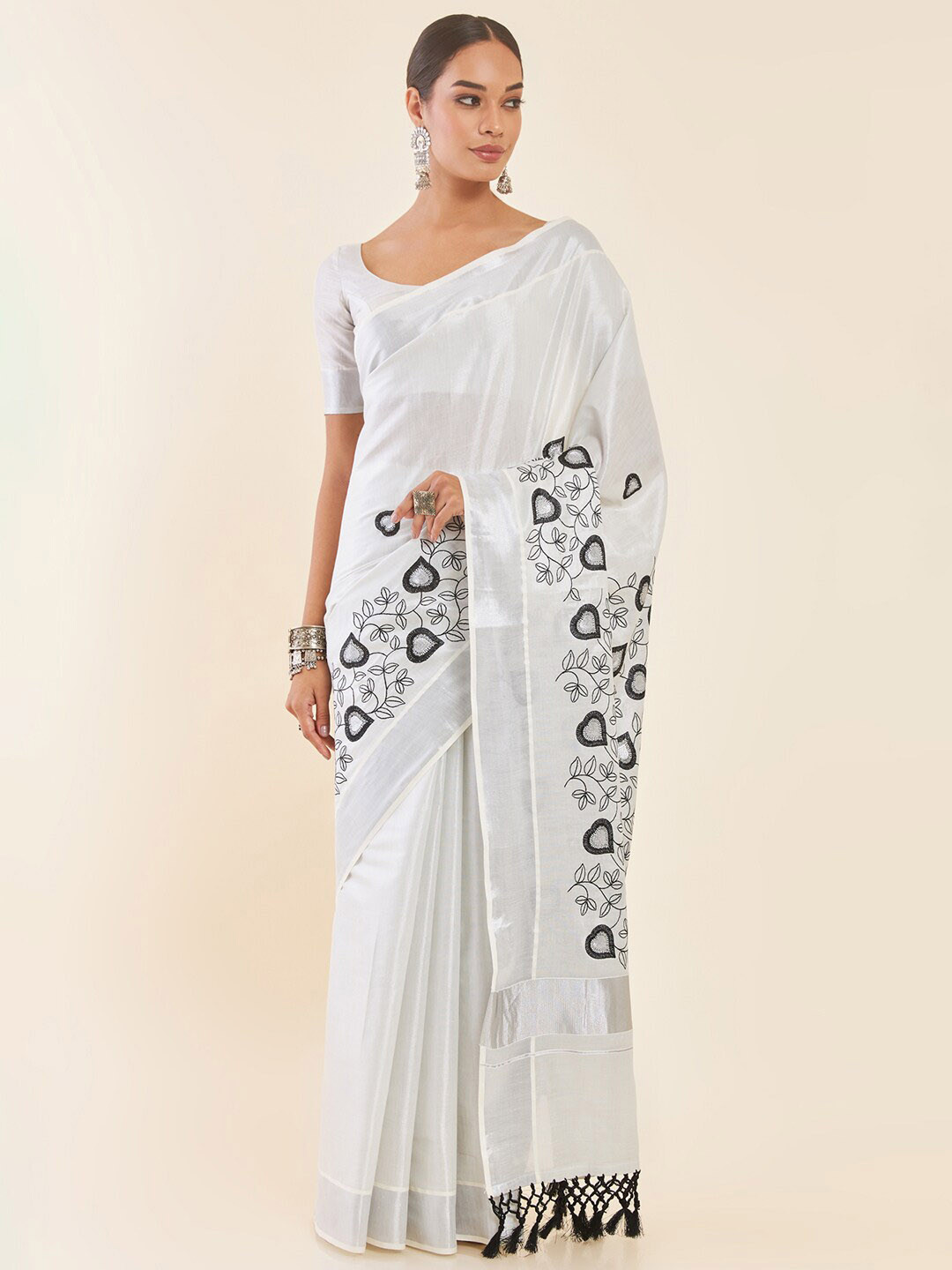 Soch Off-White Floral Embroidered Zari Tissue Kasavu Saree