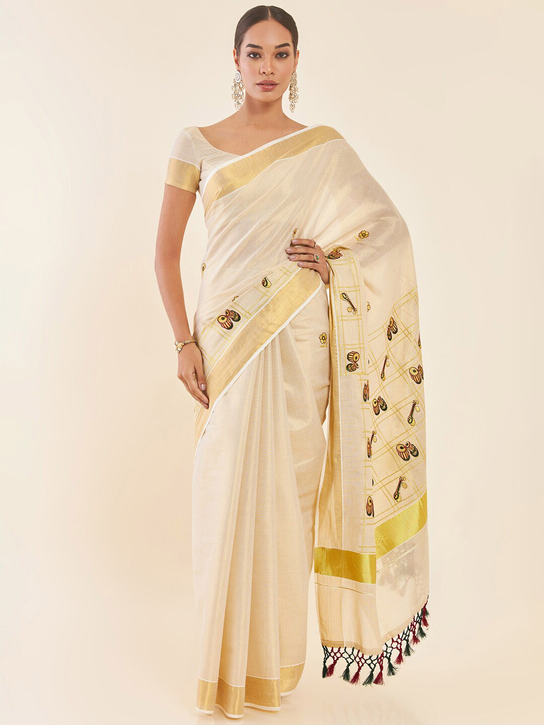 Soch Off White Ethnic Motifs Printed Zari Tissue Kasavu Saree
