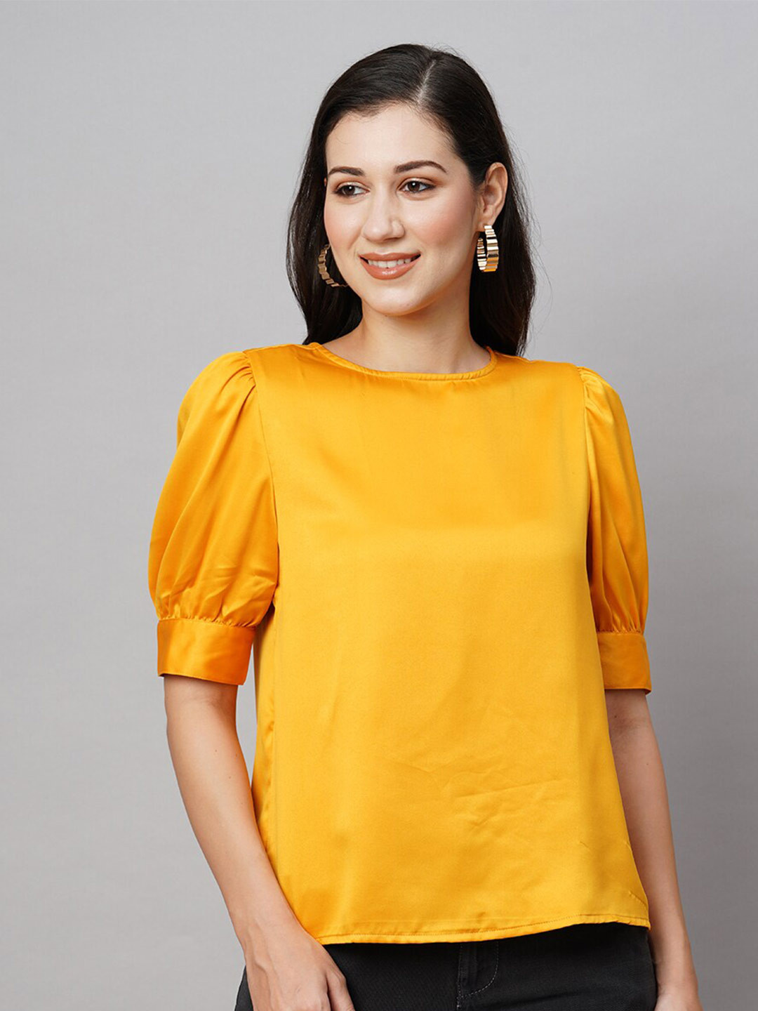 Chemistry Round Neck Puff Sleeve Satin Top