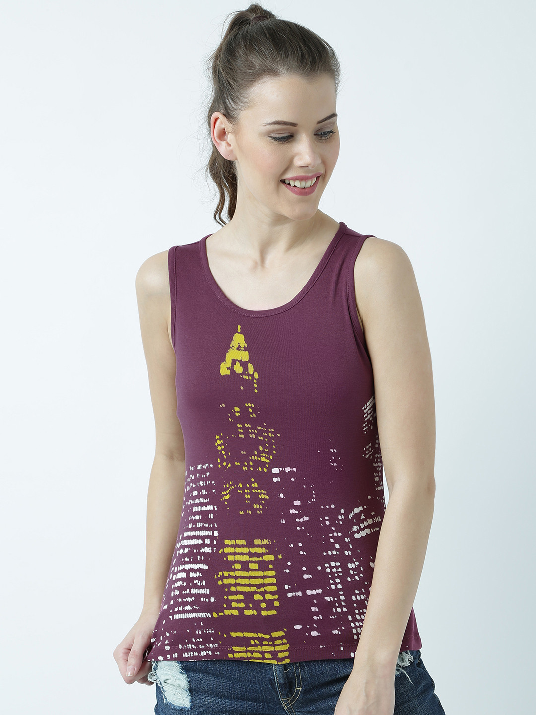 Huetrap Women Purple Printed Tank Pure Cotton Top