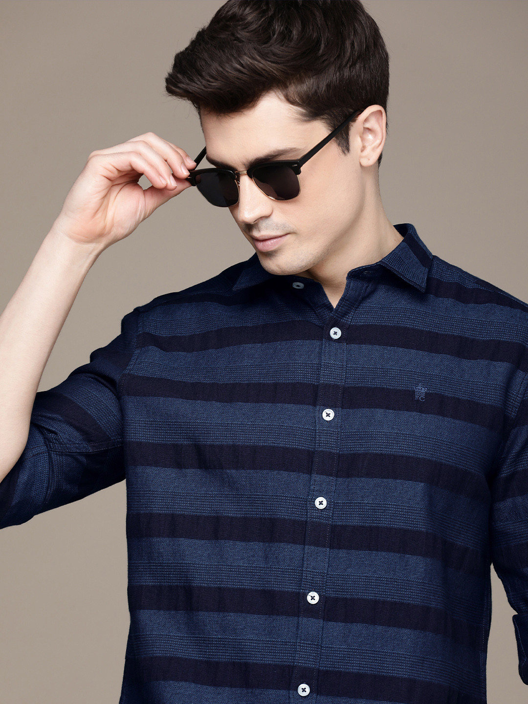 French Connection Slim Fit Self Design Multi Striped Pure Cotton Casual Shirt
